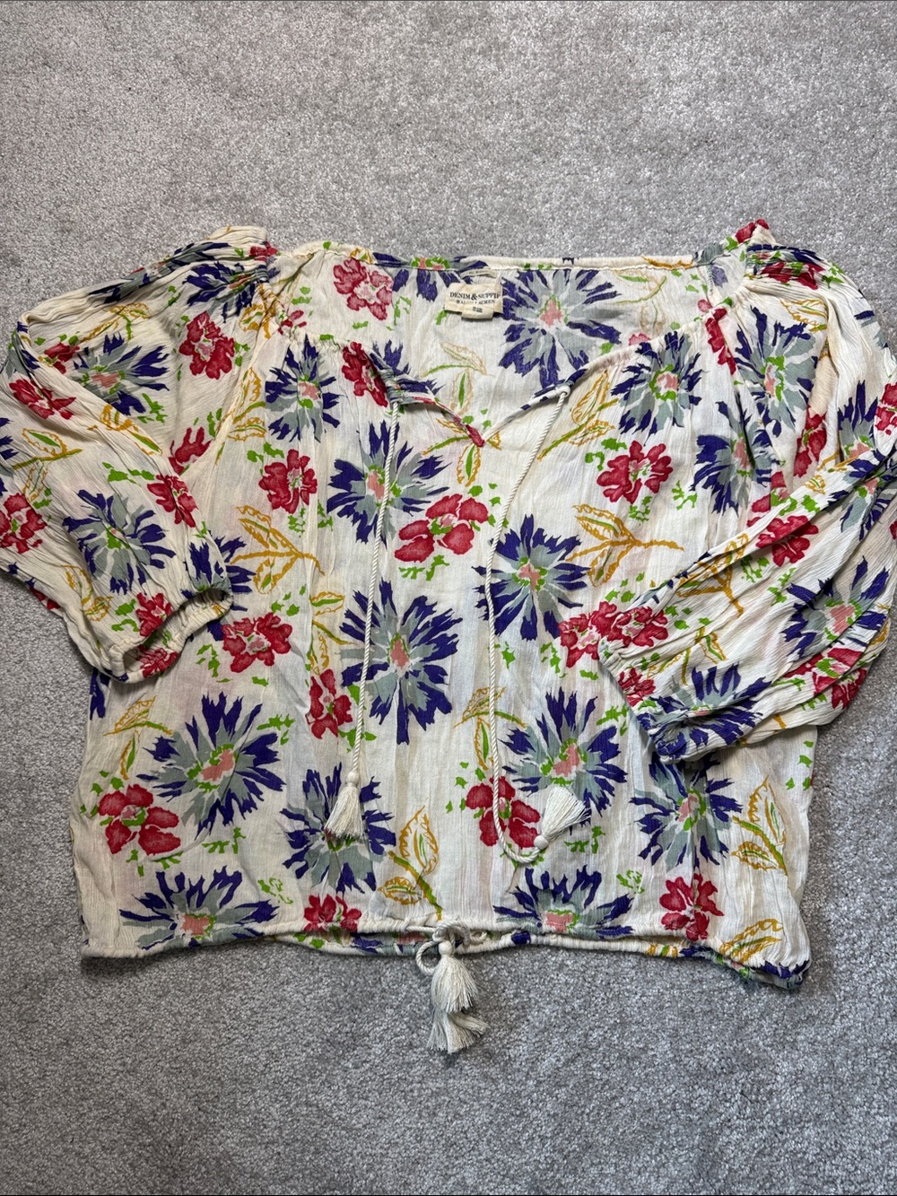 Denim & Supply Boho Ralph Lauren White Floral Tie-Front Peasant Blouse Size L
